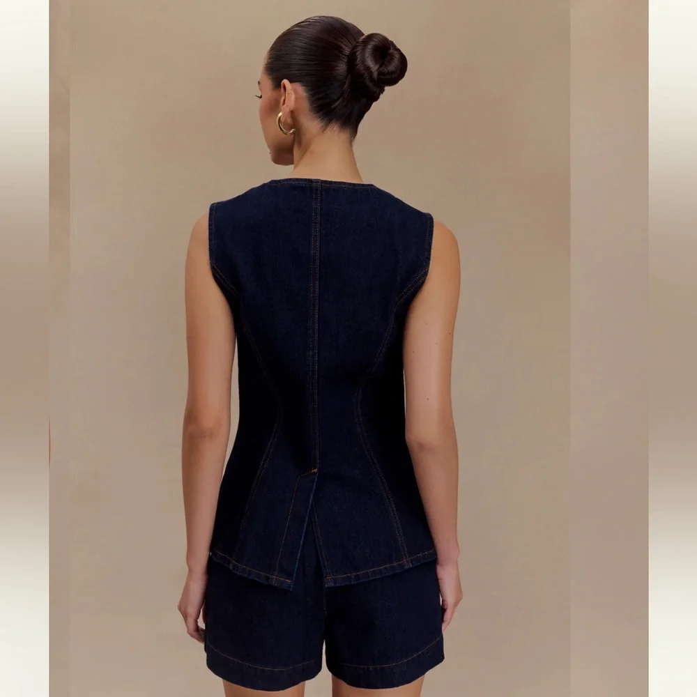 Meshki Abel Dark Indigo Denim Sleeveless Button Vest - Picture 2 of 4